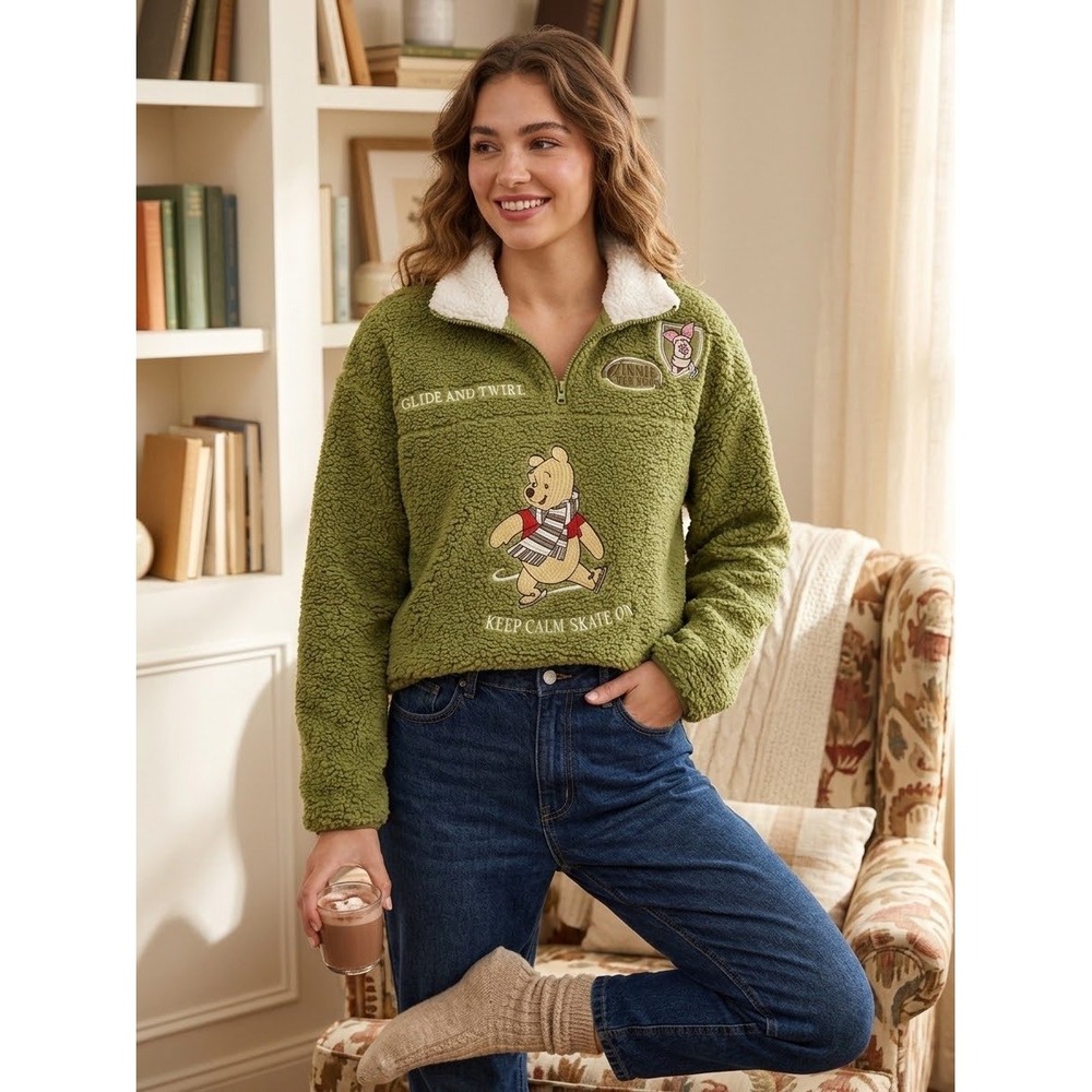 Disney Winnie the Pooh Sherpa Pullover Women XL Green New Ice Skating Fleece